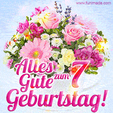 Ein zartes Geburtstags-GIF mit einem bunten Sommerblumenstrauß in einer weißen Teetasse und herzlichen Glückwünschen zum 7. Geburtstag.