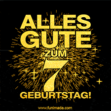 Ein GIF zum7. Geburtstag mit goldener Schrift und Feuerwerk auf schwarzem Hintergrund.