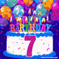 7th Birthday Cake gif: colorful candles, balloons, confetti and number 7