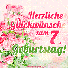 Ein elegantes Geburtstagsgeschenk für sie mit den Worten 'Herzlichen Glückwünsche zum 7. Geburtstag' und einem Strauß rosa Rosen.