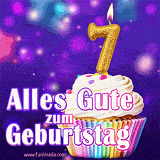 Ein glänzendes Geburtstags-GIF mit goldenen Kerzen mit der Zahl 7 auf einem weißen cremefarbenen Cupcake und dem Text 'Alles Gute zum Geburtstag'.