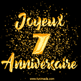 GIF animé joyeux anniversaire pour 7 ans avec des lettres dorées scintillantes et le chiffre 7 entouré de confettis dorés sur un fond noir.