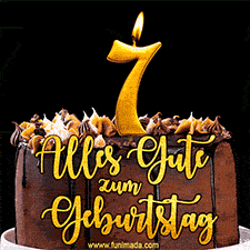 Animiertes GIF mit einer Schokoladen-Geburtstagstorte, großen goldenen Kerzen mit der Zahl 7 und einem dekorativen Text mit der Aufschrift 'Alles Gute zum Geburtstag'.