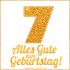 Glänzendes GIF mit einer goldenen Zahl 7 und den Worten 'Alles Gute zum Geburtstag' in eleganter handgeschriebener Schriftart.