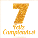 Imagen animada con el número 7 en diseño dorado brillante acompañado de la frase 'Feliz cumpleaños' sobre un fondo blanco simple y elegante.