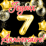 GIF animé pour un 7e anniversaire avec des ballons dorés en forme de 7, entourés de ballons scintillants et du texte 'Joyeux Anniversaire!' en écriture élégante.