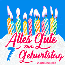 Ein buntes Geburtstags-GIF mit strahlenden Kerzen auf einer festlichen Torte zur Feier des 7.