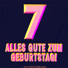 Ein modernes animiertes GIF mit 3D-Text. Der Text im Bild lautet 'Alles Gute zum 7. Geburtstag!'