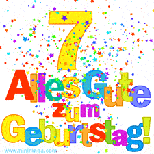Geburtstags-GIF mit animierten bunten Sternen, der großen Zahl 7 und dem mehrfarbigen Text 'Alles Gute zum Geburtstag'.