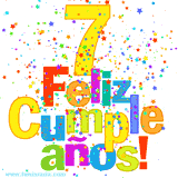 GIF festivo lleno de confeti de colores, el número 7 grande en amarillo y la frase 'Feliz cumpleaños' en letras multicolores y brillantes.