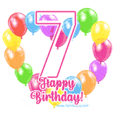 An animated birthday greeting card with a large '7' in pink outline surrounded by colorful balloons heart-shaped frame, and 'Happy Birthday!' written below in hand-written font.