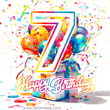 A festive birthday age GIF with animated star confetti, colorful balloons, and a gift box with the number 7. The text reads 'Happy Birthday'.