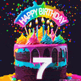 Chocolate cake with cyan layers, pink dressing and a big number 7 adorned with vibrant multicolored frosting, lit candles, and a rainbow topper with text that says 'Happy Birthday'. Animated colorful confetti move behind the cake.