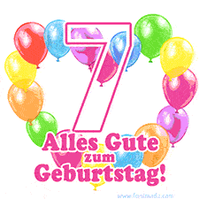 Ein verspieltes animiertes Geburtstags-GIF mit bunten Ballons in Herzform und der Zahl 7.