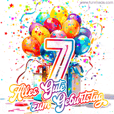 Ein lebendiges Geburtstags-GIF mit bunten Ballons, animiertem Konfetti, der Zahl 7 und den Worten 'Alles Gute zum Geburtstag' in dekorativer Schriftart.