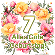 Ein elegantes GIF mit einem Blumenkranz in zarten Tönen, der großen Zahl 7 und den Worten 'Alles Gute zum Geburtstag'.