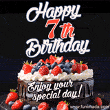 A birthday greeting card image. It features a chocolate cake with berries and the text 'Happy 7th Birthday. Enjoy your special day!'