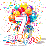 GIF pour un 7e anniversaire avec un grand chiffre 7, des ballons multicolores, des confettis et des rubans, accompagné du texte 'Bonne Fête!' sur un fond festif.