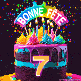 GIF animé pour un 7e anniversaire avec un gâteau au chocolat recouvert de glaçage arc-en-ciel, des bougies allumées, et le texte 'Bonne Fête' sur un fond étoilé et festif.