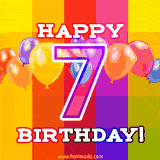 A birthday cake with lit candles is shown with colorful balloons and animated confetti.