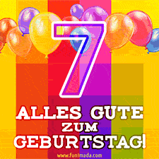 Große Zahl 35 in Umrissschrift, die Worte 'Alles Gute zum 7. Geburtstag', mehrfarbige animierte Ballons und lebendiger Hintergrund.