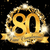 Il numero 80 è circondato da un anello dorato brillante, accompagnato da un nastro elegante con la scritta 'Buon Compleanno!' su uno sfondo scuro.