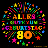 Animiertes GIF 'Alles Gute zum Geburtstag 80 mit bunten Buchstaben und leuchtenden Sternen