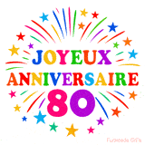 GIF animé joyeux anniversaire 80 ans avec étoiles multicolores et feu d’artifice