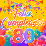 Un GIF animado para un 80º cumpleaños, Muestra el texto 'Feliz Cumpleaños 80' sobre un fondo amarillo vibrante con globos de colores, banderines y una lluvia de confeti.