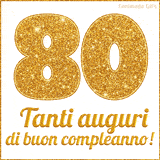 GIF animata per un 80° compleanno, Mostra il numero 80 in grandi caratteri dorati pieni di glitter scintillante, Sotto, la scritta 'Tanti auguri di buon compleanno!' in un elegante oro.