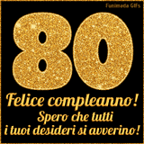 Un GIF animato per un 80° compleanno, Presenta il testo 'Buon Compleanno 80' su uno sfondo giallo vivo con palloncini colorati, festoni e una pioggia di coriandoli.