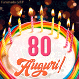 Un'animazione celebrativa di una torta di compleanno per i 80 anni, Le fiamme delle candeline tremolano e delle scintille brillano intorno, creando un'atmosfera festosa e magica.