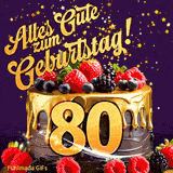 Eine köstlich aussehende animierte Geburtstagskarte für den 80. Geburtstag, dekoriert mit Erdbeeren, Blaubeeren und goldenen Details, Sterne funkeln und fallen, mit 'Alles Gute zum Geburtstag!'-Text.