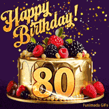 Elegant 80th birthday design with raspberries, blackberries, gold details and falling stars.