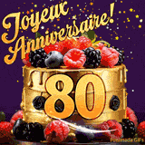 Une animation de célébration d'un gâteau de 80ème anniversaire, Des étoiles dorées tombent du ciel, mettant en valeur le texte 'Joyeux Anniversaire !' et le nombre doré 80 à l'avant du gâteau.