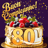 Un GIF animato di una bellissima torta per il 80° compleanno con glassa dorata e frutti di bosco freschi, Il numero dorato 80 è davanti, e stelle cadono su uno sfondo viola scuro.