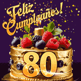 Una animación de celebración de una tarta para el 80º cumpleaños, Estrellas doradas caen del cielo, destacando el texto '¡Feliz Cumpleaños!' y el número dorado 80 en la tarta.