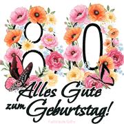Ein florales GIF zum 80. Geburtstag. Die Zahl '80' ist von animierten Blumen und Schmetterlingen umgeben und bietet eine schöne und fröhliche Art, den Meilenstein zu feiern.