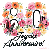 Ce GIF de Joyeux 80ème Anniversaire présente le nombre vingt rempli d'un bouquet vibrant de fleurs animées, avec des papillons qui bougent doucement sur un fond blanc.