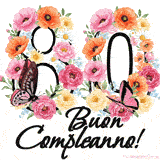 Questo GIF di Buon 80° Compleanno mostra il numero venti riempito con un vibrante bouquet di fiori animati, con farfalle che si muovono dolcemente su uno sfondo bianco.