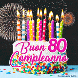 Ottantesimo compleanno in GIF animata: torta bianca, scritte rosa grandi e fuochi d'artificio dorati che esplodono nello sfondo.