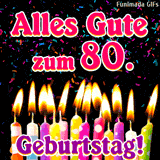 Leuchtende Geburtstagskerzen am unteren Rand mit wirbelndem Konfetti darüber. Die Aufschrift wünscht Alles Gute zum 80. Geburtstag auf schwarzem Grund.