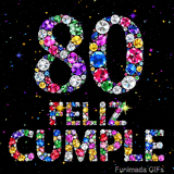 El texto FELIZ CUMPLE y el número 80 resaltan mediante su composición de joyas de colores brillantes encima de un fondo oscuro con estrellas.