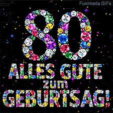 Auf schwarzem Grund befinden sich die Zahl 80 und Alles Gute zum Geburtstag aus leuchtenden Juwelen neben kleinen bunten Funken.