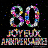Image animée affichant le chiffre 80 et Joyeux Anniversaire en cristaux multicolores scintillants, entourés de petites lumières sur fond sombre.