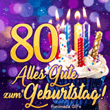 Goldene Zahl 80 vor einem lila Hintergrund mit Bokeh. Ein Törtchen mit Geburtstagskerzen und kursiver Glückwunschtext runden das Bild ab.