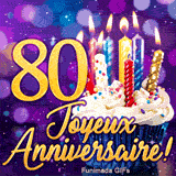 GIF grand cap des 80 ans : le chiffre 80 doré brillant à côté d'un cupcake illuminé de bougies étincelantes.