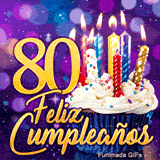 GIF gran cumpleaños 80 años: el número 80 dorado brillante junto a un cupcake iluminado con velas encendidas.