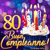 GIF gran compleanno 80 anni: il numero 80 dorato brillante accanto a un cupcake illuminato con candeline accese.