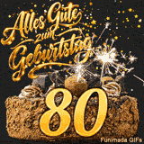 Die große goldene 80 steht vor einer leckeren Schokoladentorte. Helle Funken einer Wunderkerze und ein Sternenregen umgeben die Schrift.